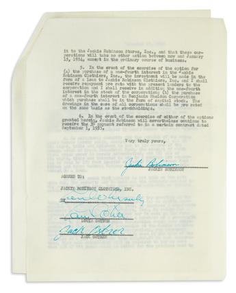 (SPORTS--BASEBALL.) Robinson, Jackie. His signed investment agreement for Jackie Robinson Clothiers, Inc.